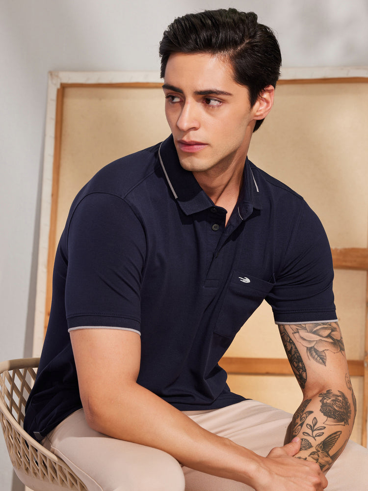 Blue Cotton Stretch Polo Collar T-Shirt