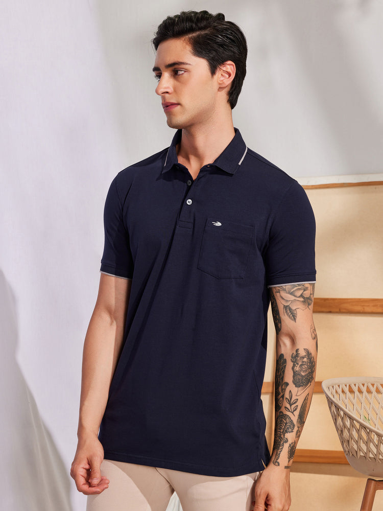 Blue Cotton Stretch Polo Collar T-Shirt