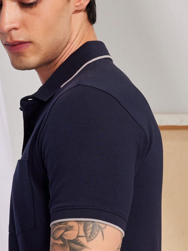 Blue Cotton Stretch Polo Collar T-Shirt