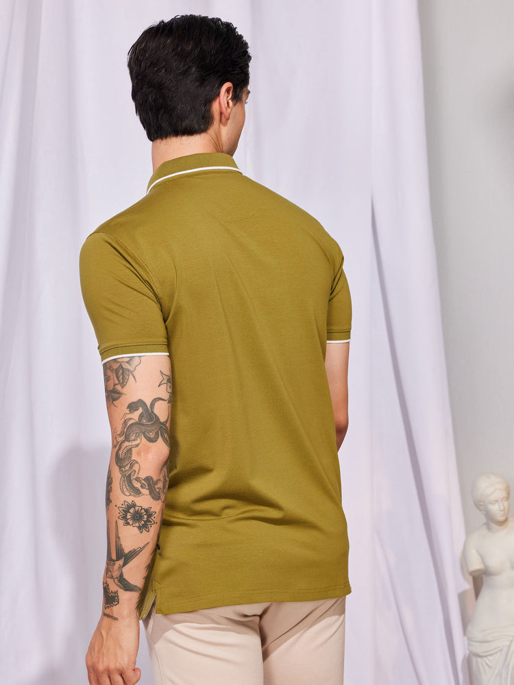 Olive Cotton Stretch Polo Collar T-Shirt