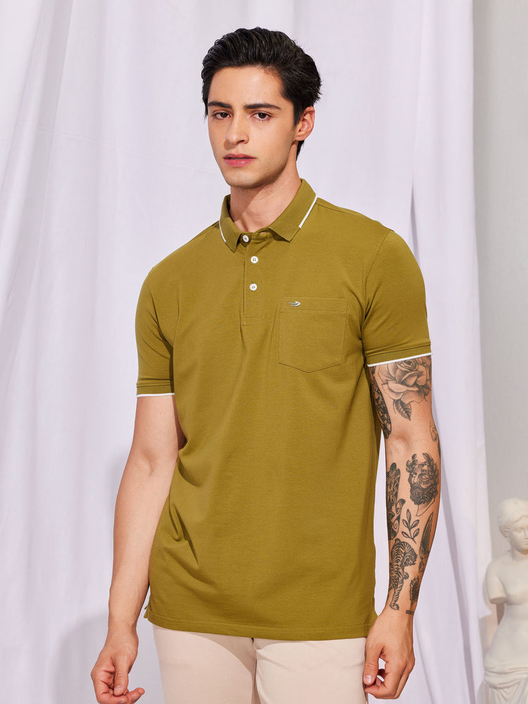 Olive Cotton Stretch Polo Collar T-Shirt