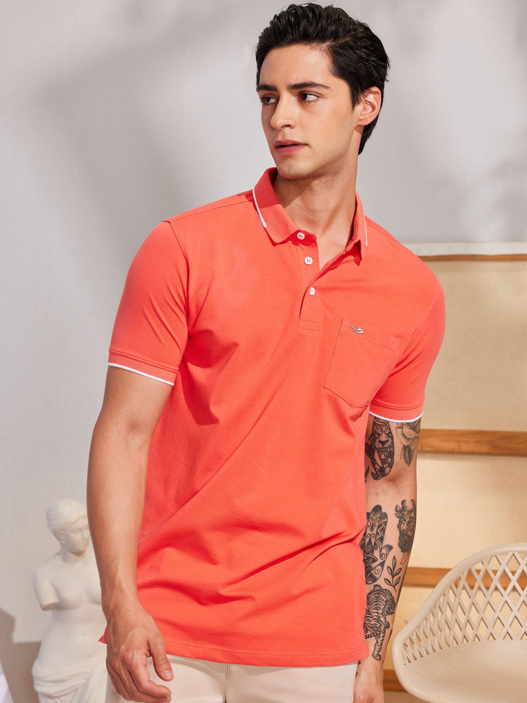 Orange Cotton Stretch Polo Collar T-Shirt