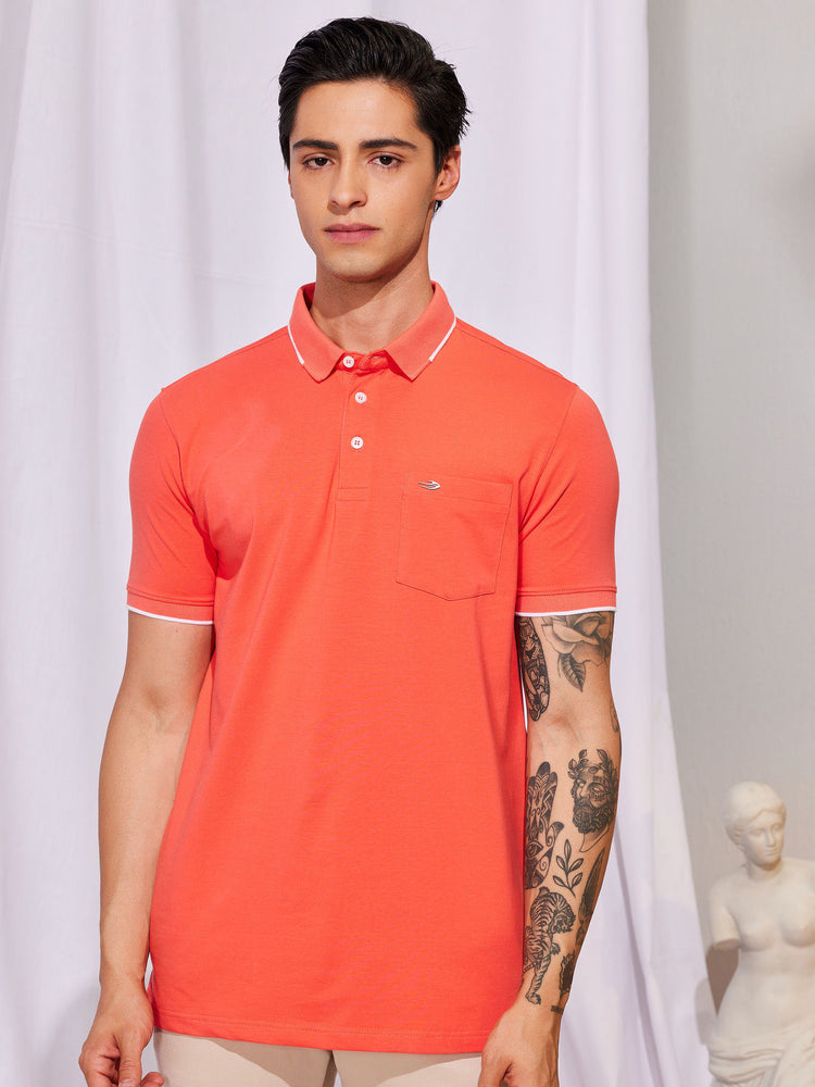 Orange Cotton Stretch Polo Collar T-Shirt
