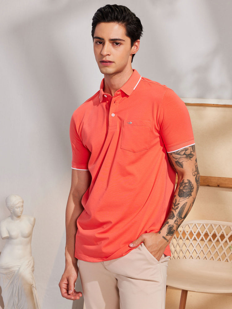 Orange Cotton Stretch Polo Collar T-Shirt