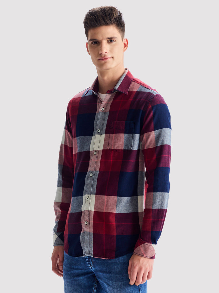 Maroon Checked Denim Shirt