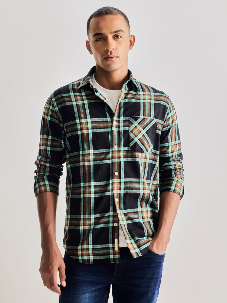 Black Pure Cotton Checked Shirt