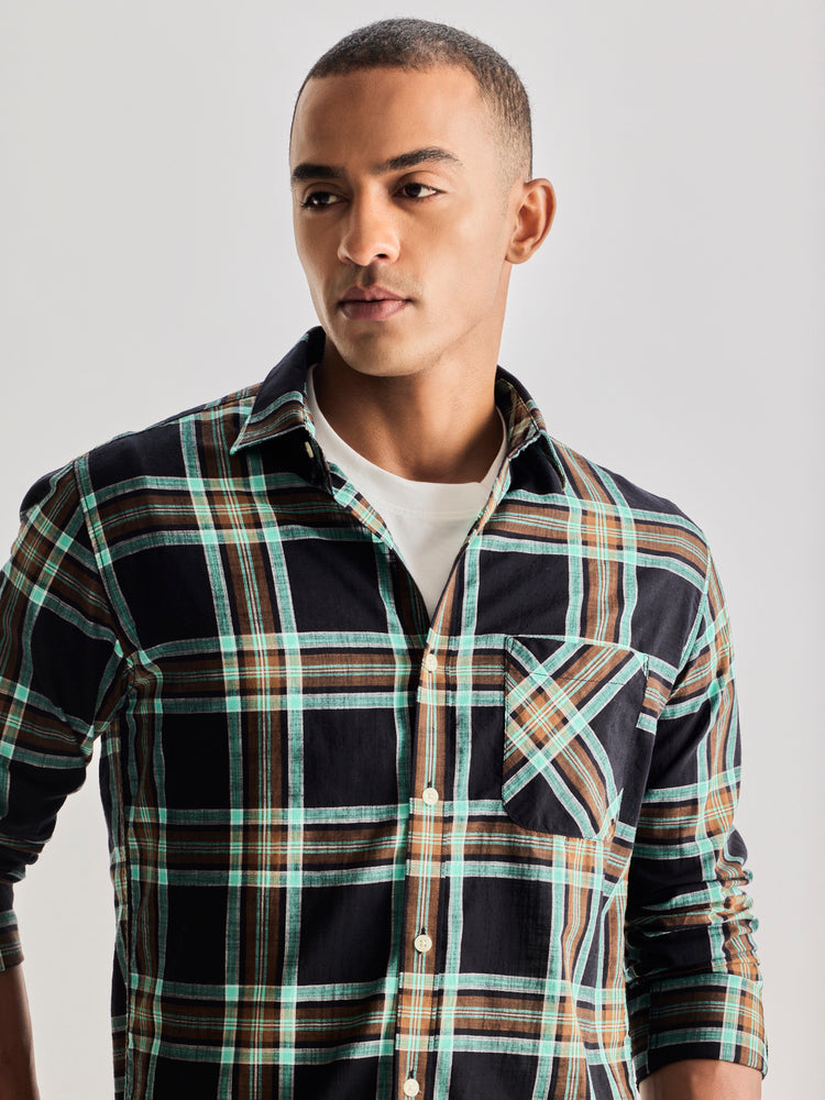 Black Pure Cotton Checked Shirt