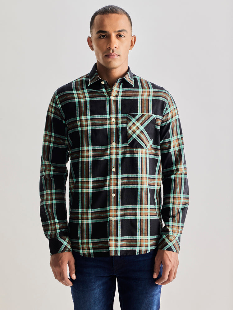 Black Pure Cotton Checked Shirt