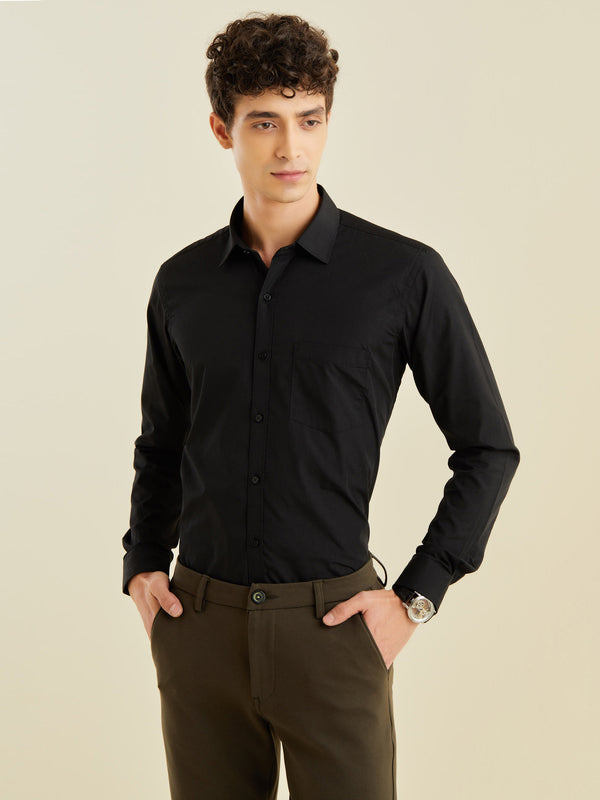 Black Cotton Blend Spread Collar Shirt