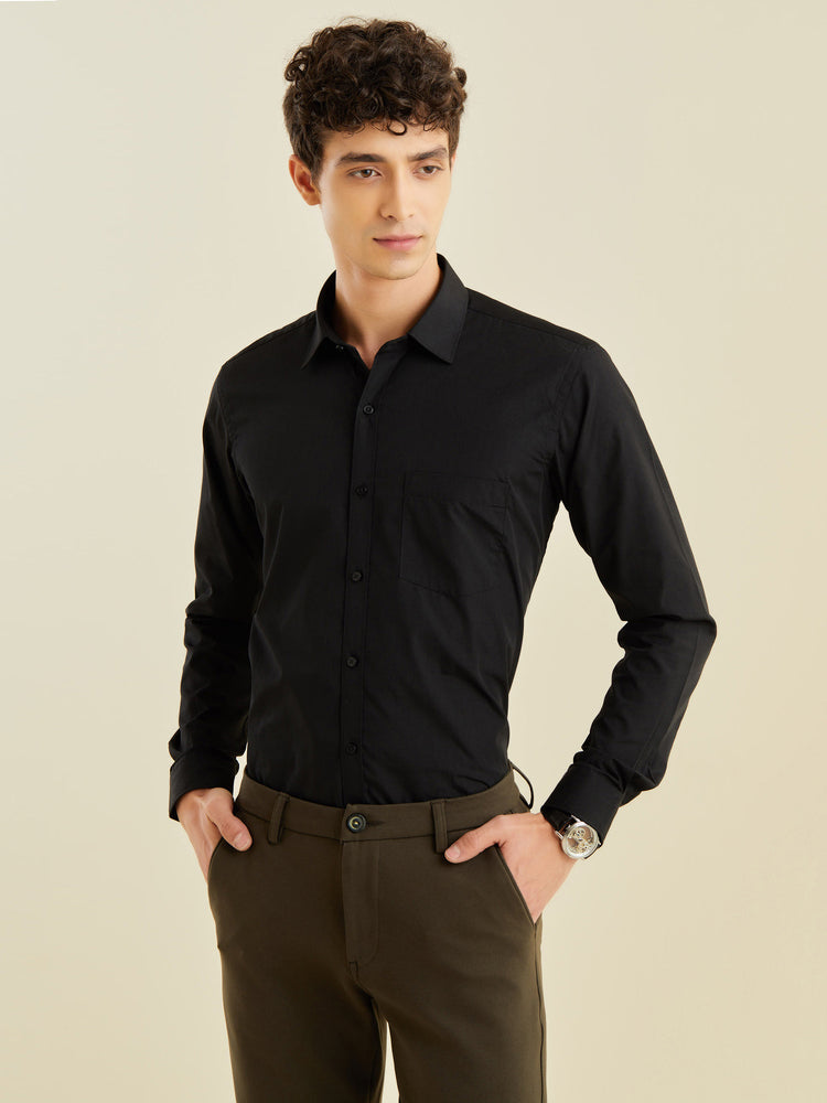 Black Cotton Blend Spread Collar Shirt