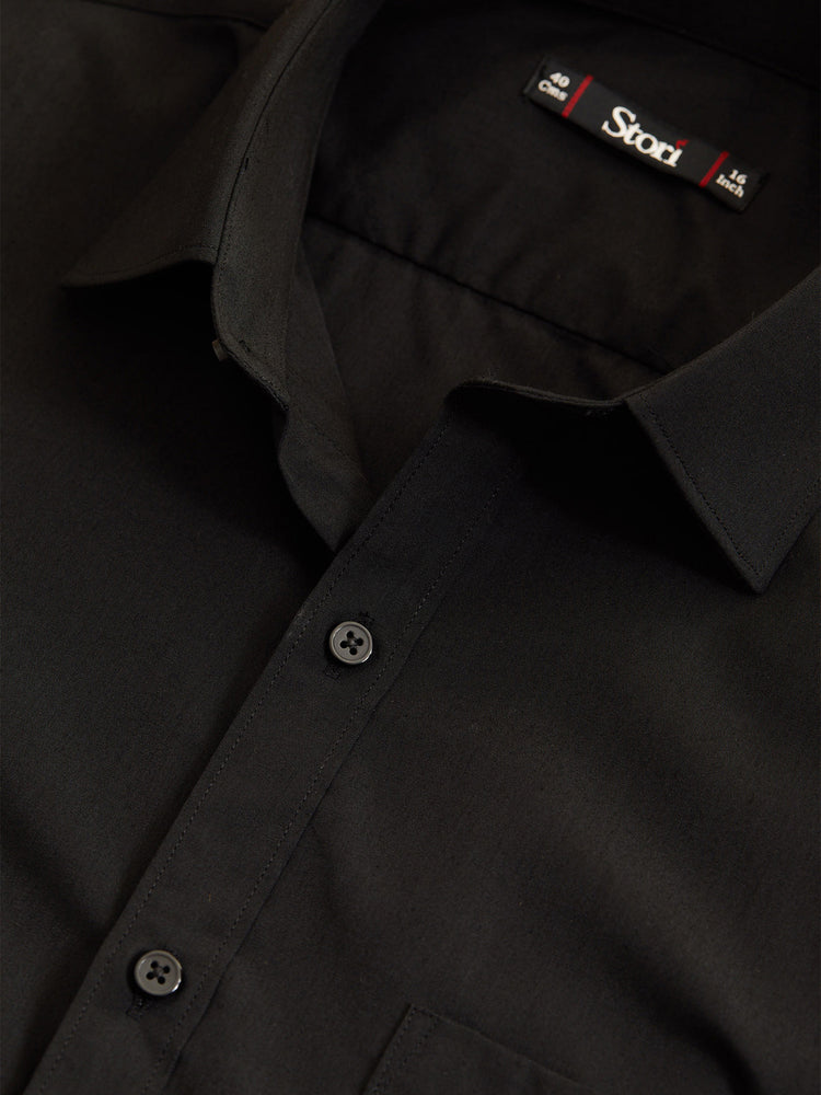 Black Cotton Blend Spread Collar Shirt