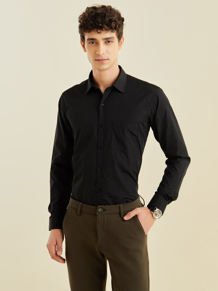Black Cotton Blend Spread Collar Shirt
