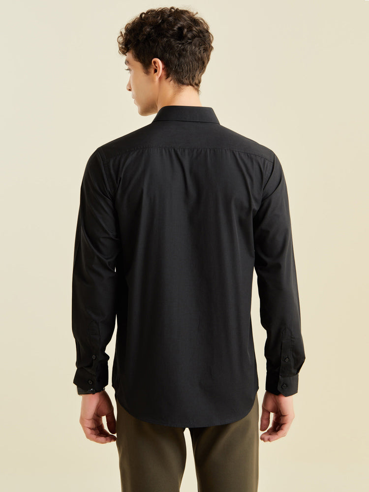 Black Cotton Blend Spread Collar Shirt