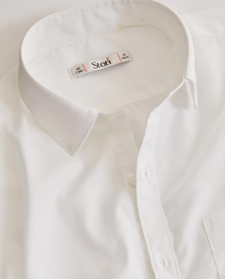 White Cotton Blend Spread Collar Shirt