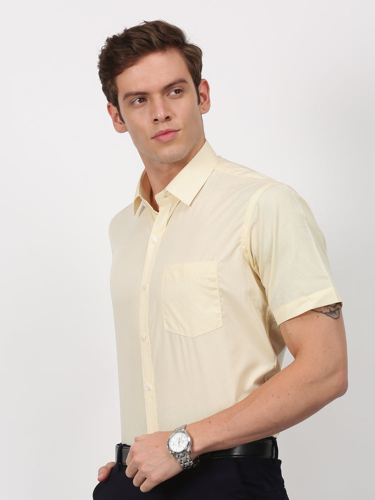 Yellow Cotton Blend Spread Collar Shirt