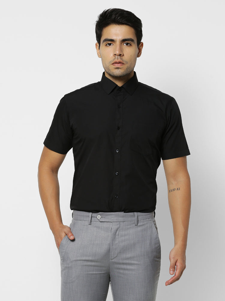 Black Cotton Blend Spread Collar Shirt