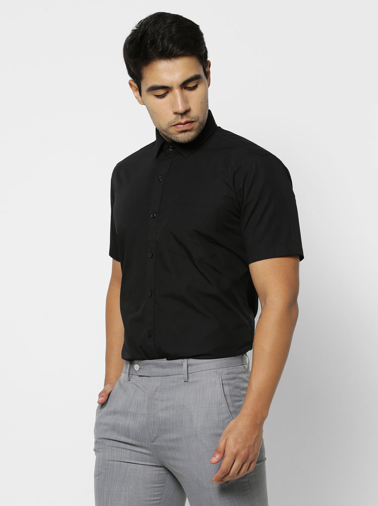 Black Cotton Blend Spread Collar Shirt