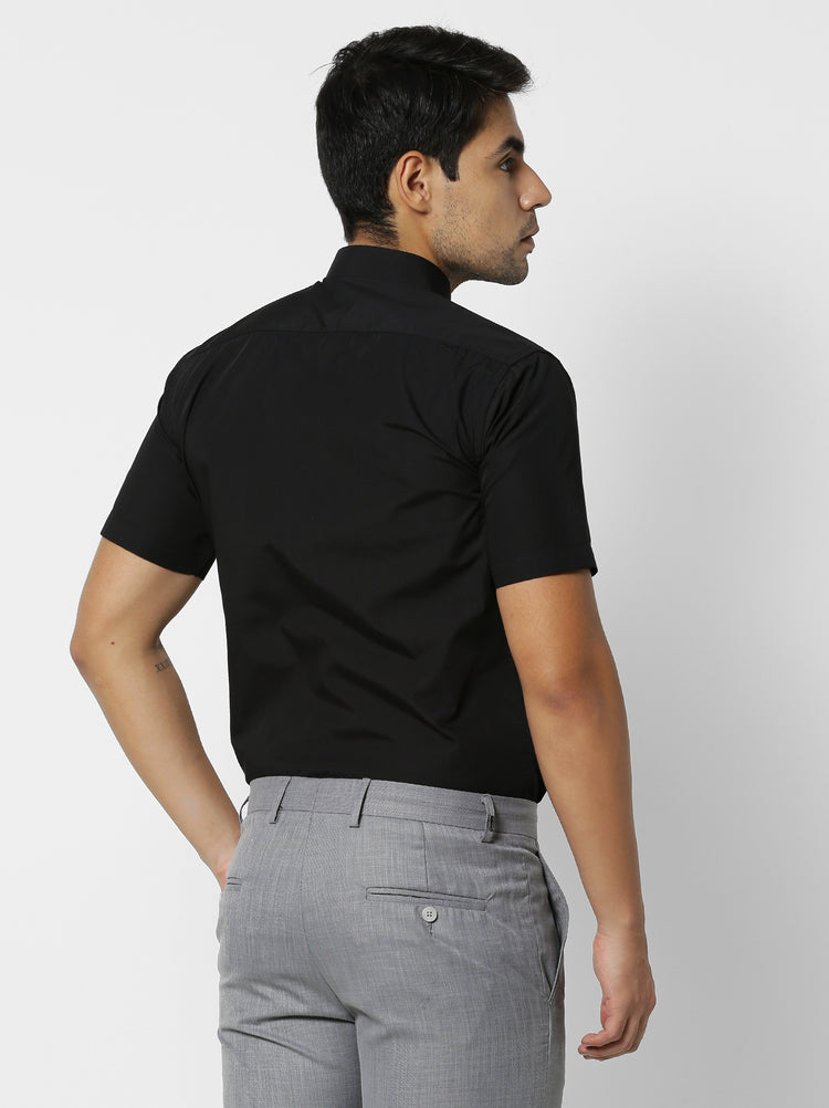 Black Cotton Blend Spread Collar Shirt
