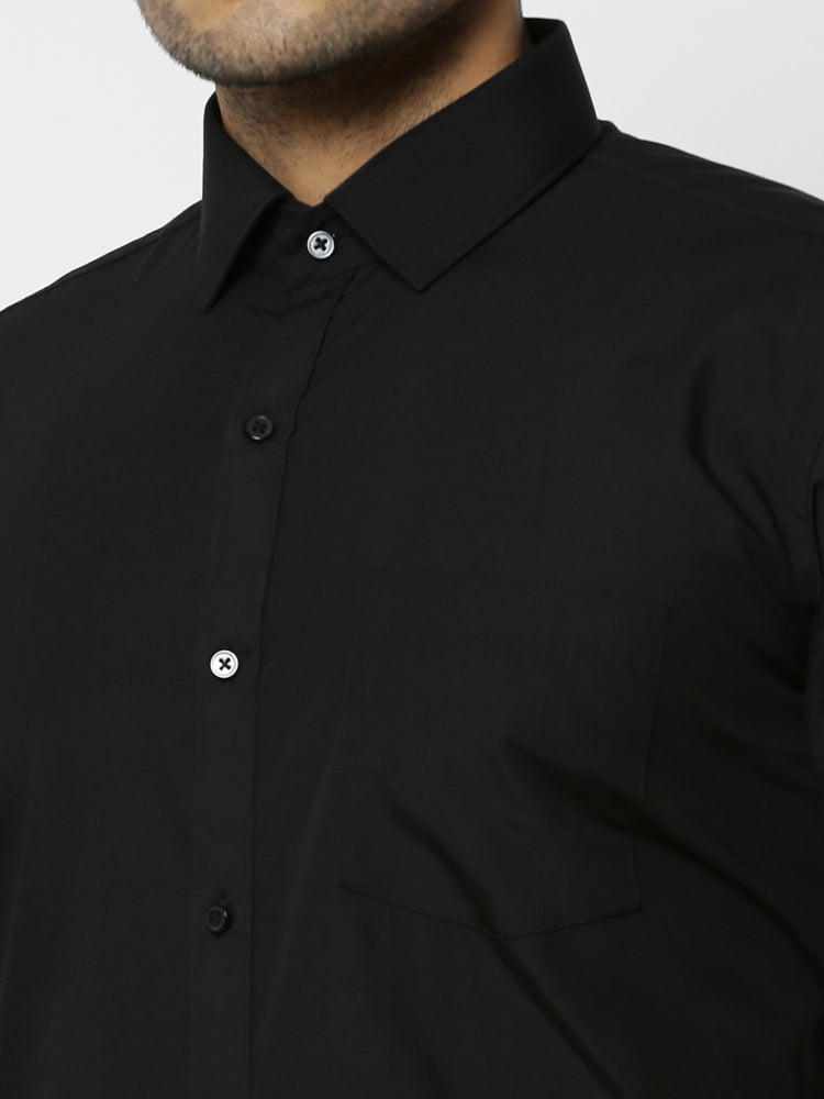 Black Cotton Blend Spread Collar Shirt