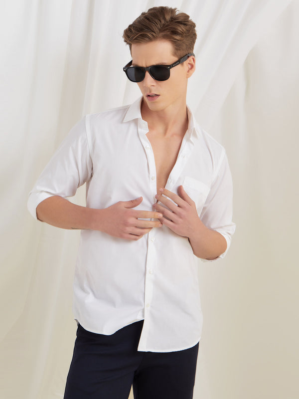 White Cotton Blend Spread Collar Shirt