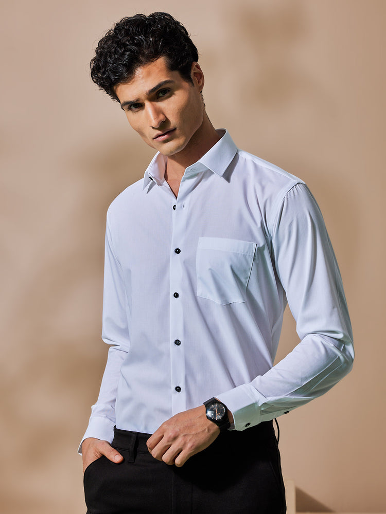 White Cotton Blend Spread Collar Shirt