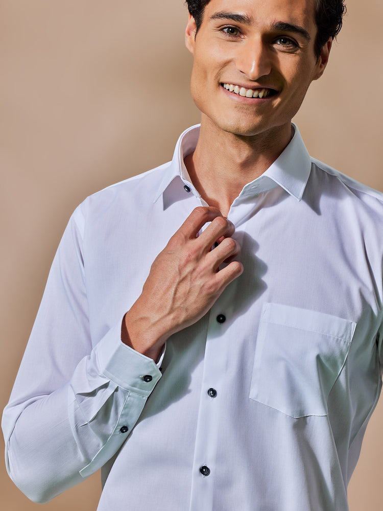 White Cotton Blend Spread Collar Shirt
