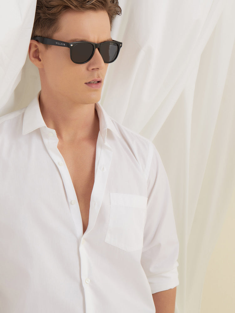 White Cotton Blend Spread Collar Shirt