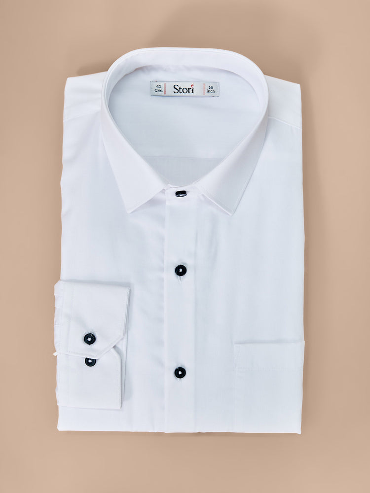 White Cotton Blend Spread Collar Shirt