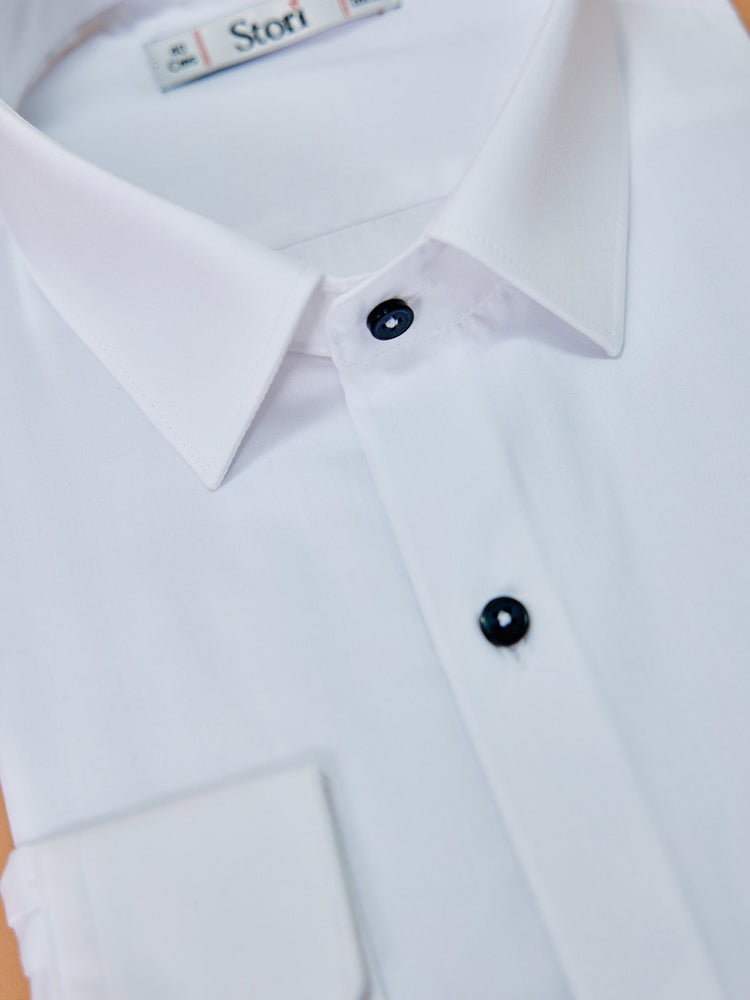 White Cotton Blend Spread Collar Shirt