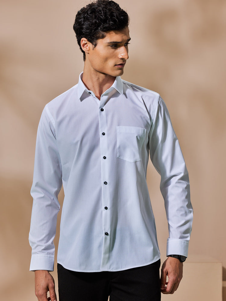 White Cotton Blend Spread Collar Shirt
