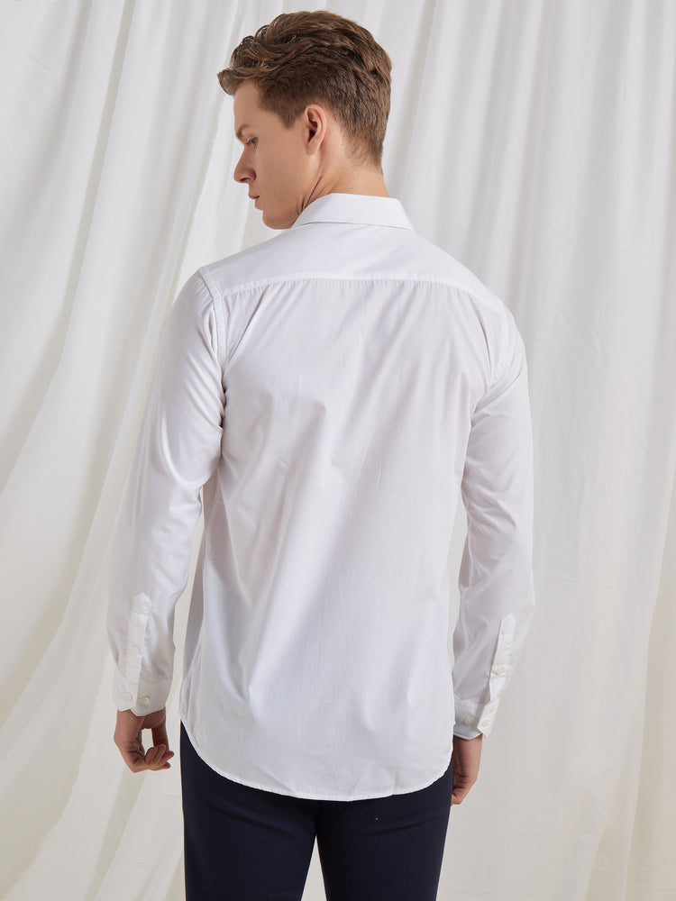 White Cotton Blend Spread Collar Shirt