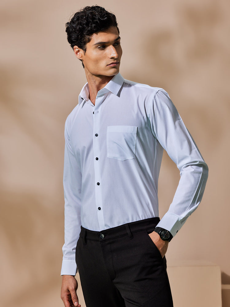 White Cotton Blend Spread Collar Shirt