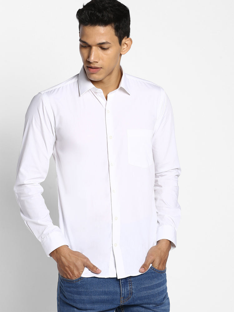 White Cotton Blend Spread Collar Shirt