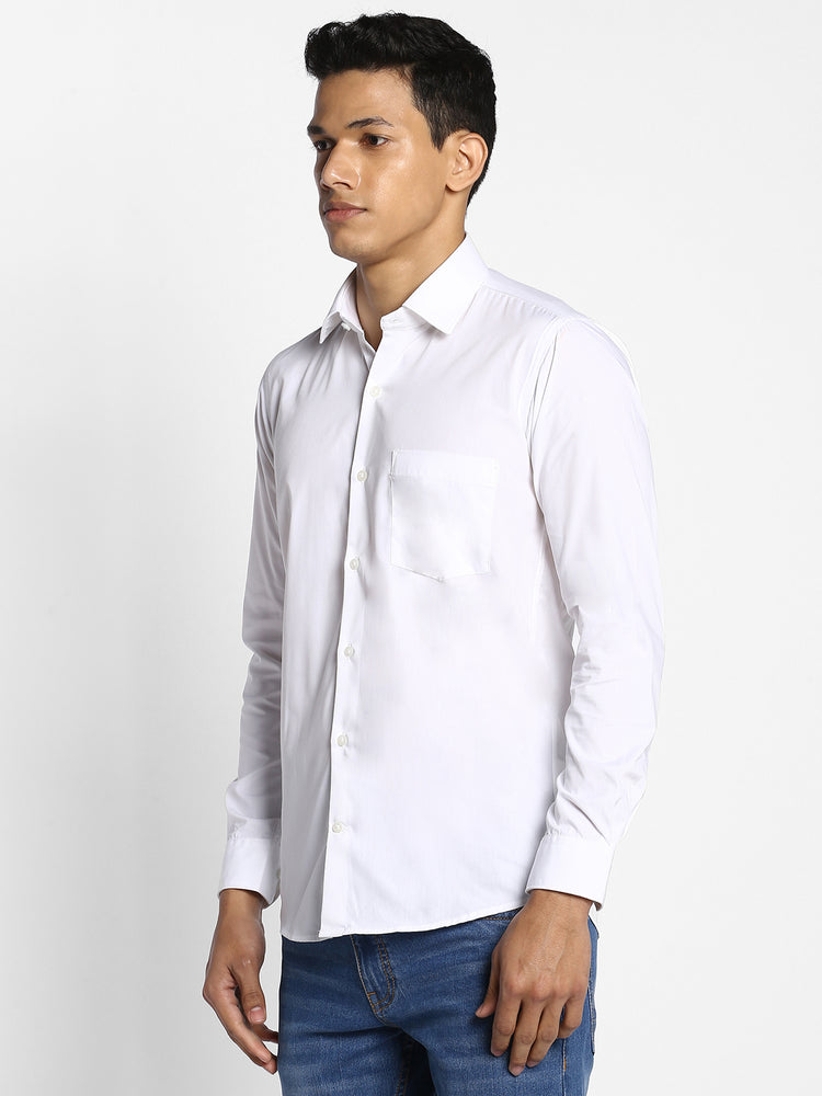 White Cotton Blend Spread Collar Shirt