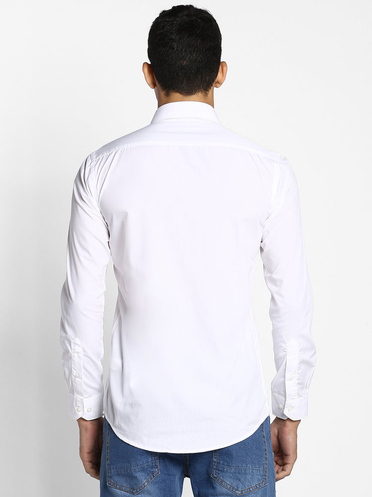 White Cotton Blend Spread Collar Shirt