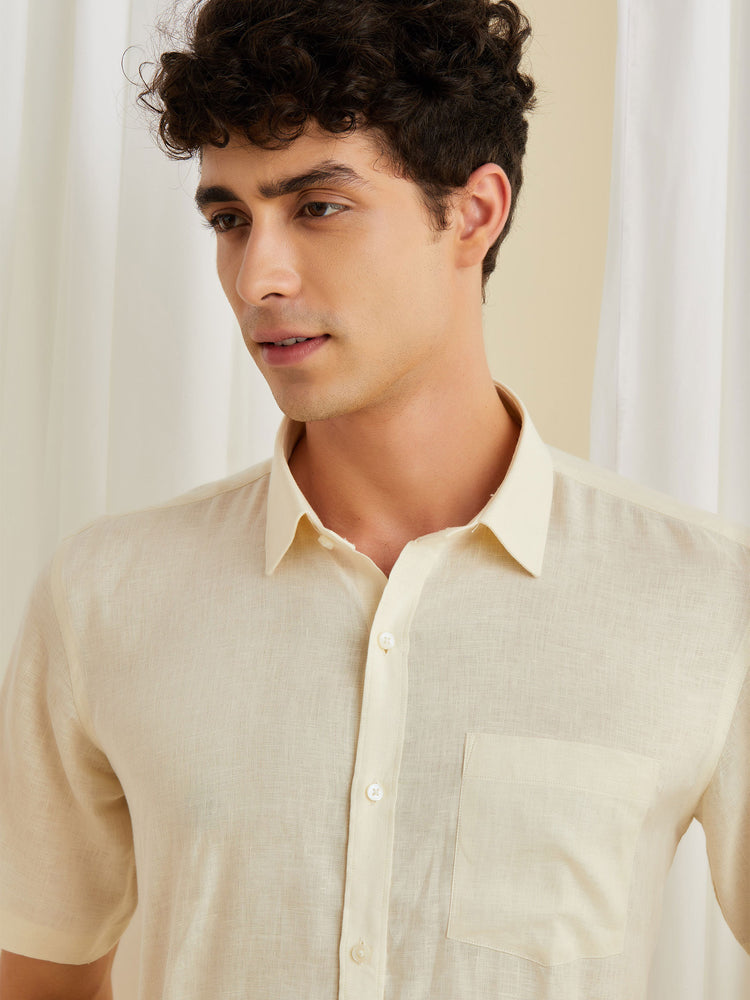 Cream Linen Spread Collar Shirt