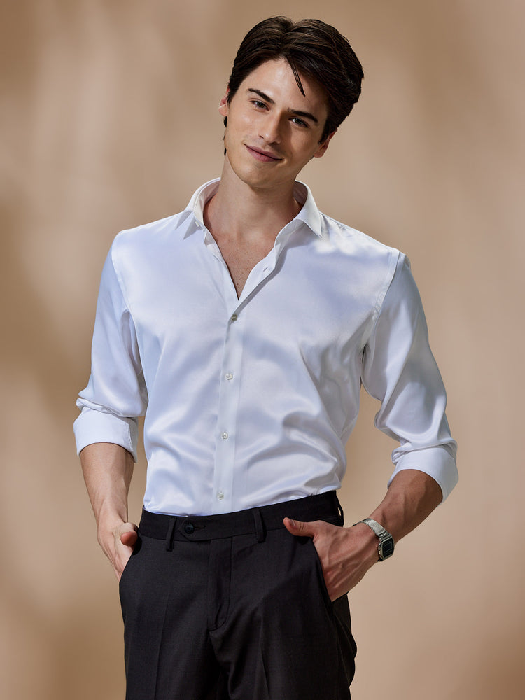 White Poly Stretch Spread Collar Shirt