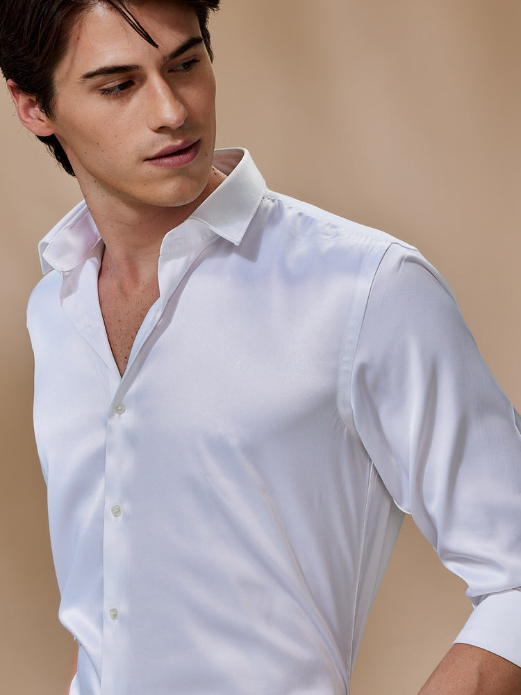 White Poly Stretch Spread Collar Shirt