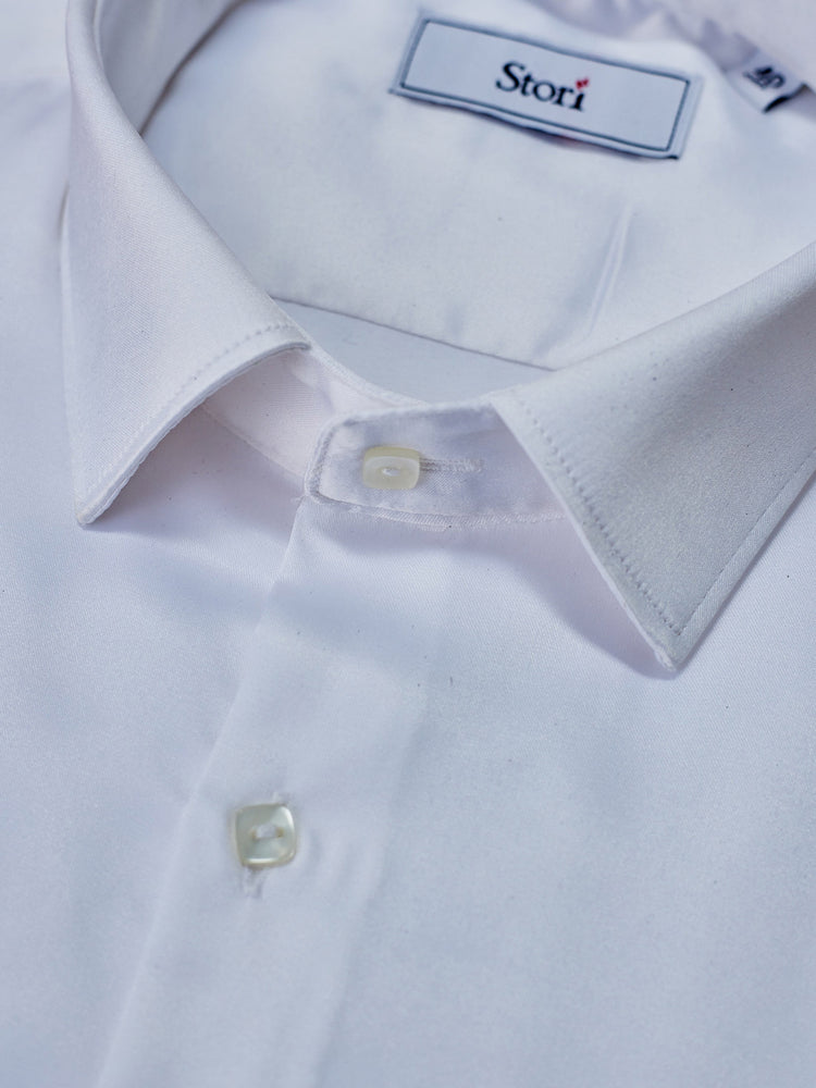 White Poly Stretch Spread Collar Shirt