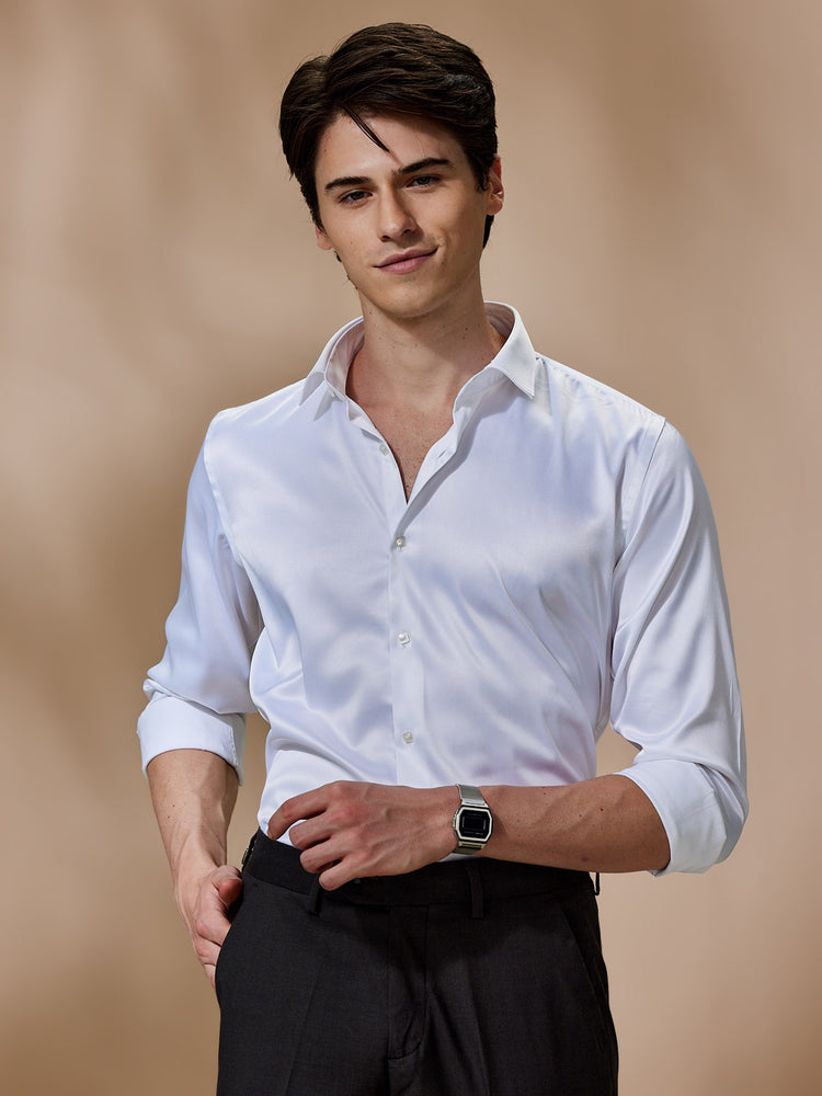 White Poly Stretch Spread Collar Shirt