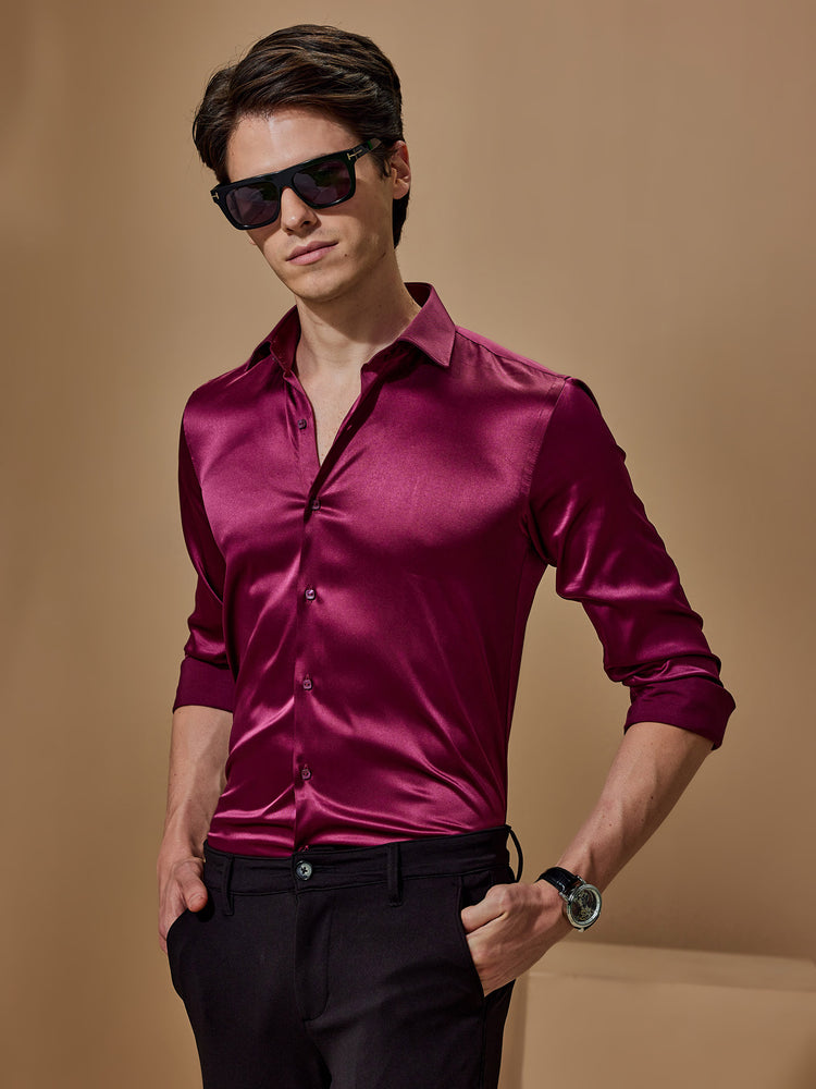 Red Poly Stretch Spread Collar Shirt