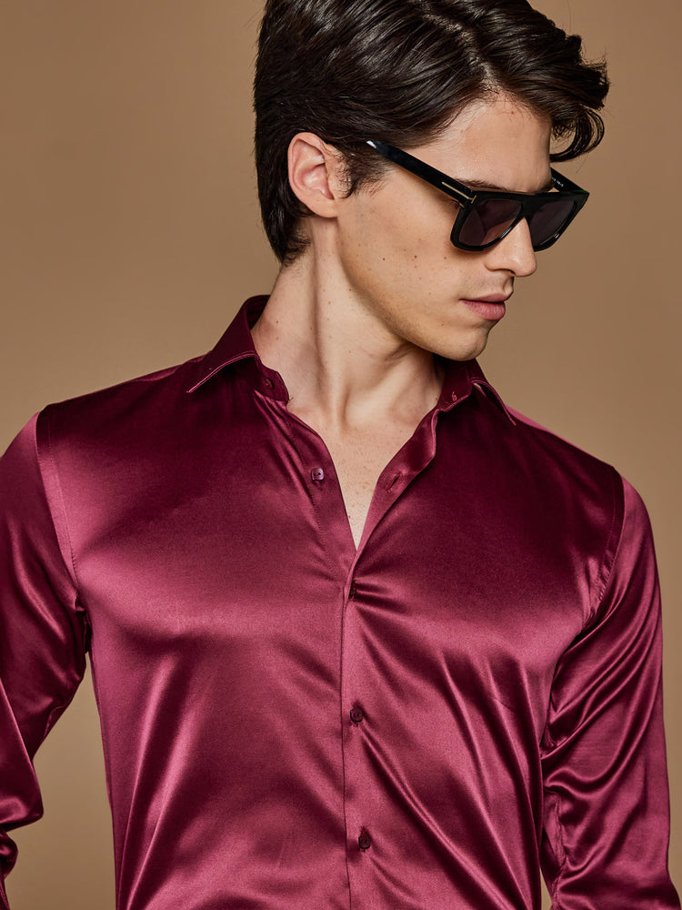 Red Poly Stretch Spread Collar Shirt