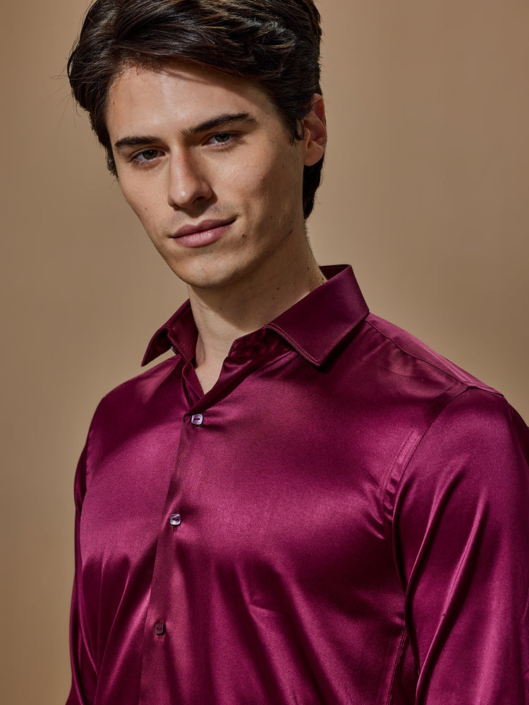 Red Poly Stretch Spread Collar Shirt