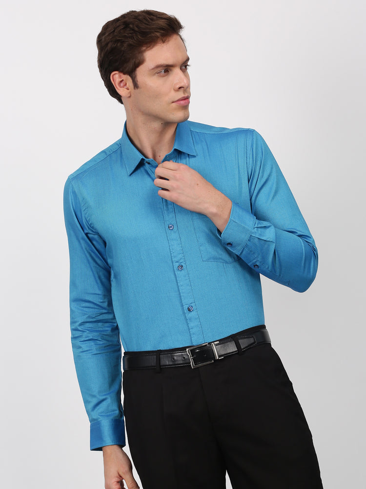 Blue Cotton Spread Collar Shirt