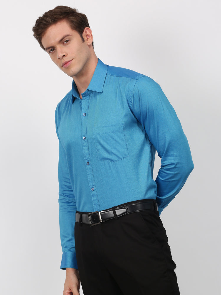 Blue Cotton Spread Collar Shirt