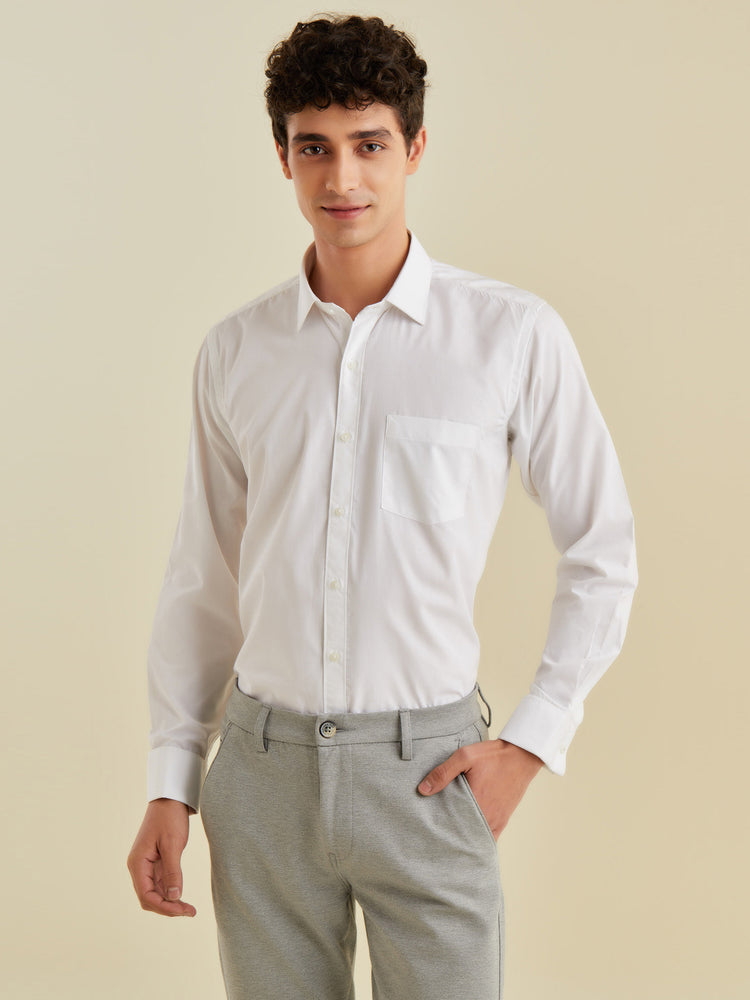 White Poly Cotton Spread Collar Shirt
