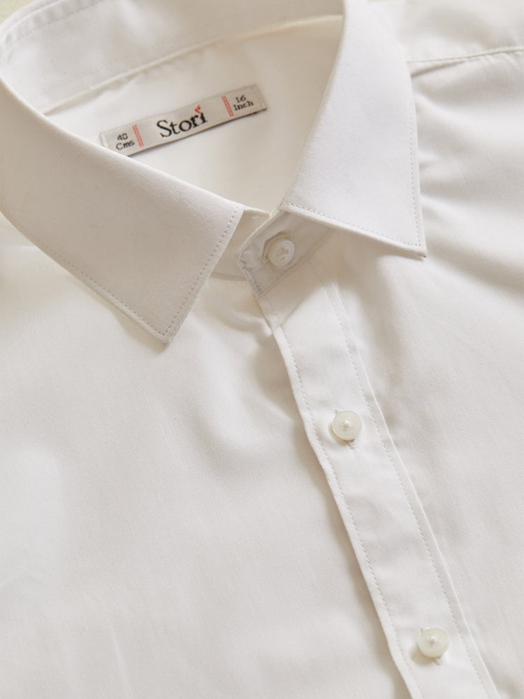 White Poly Cotton Spread Collar Shirt