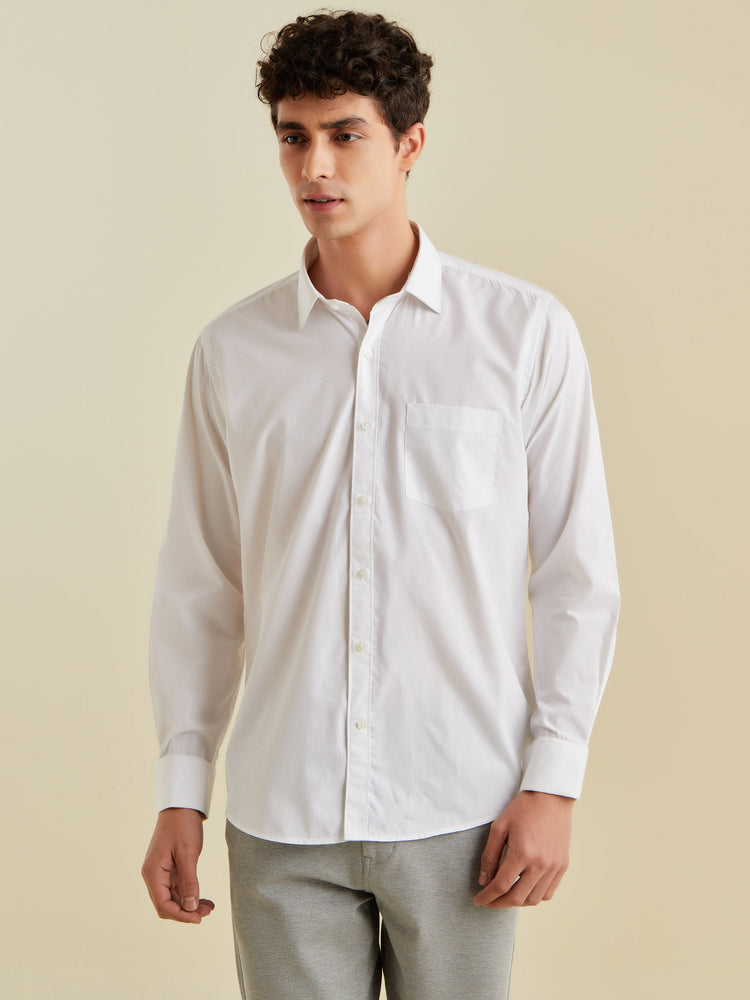 White Poly Cotton Spread Collar Shirt