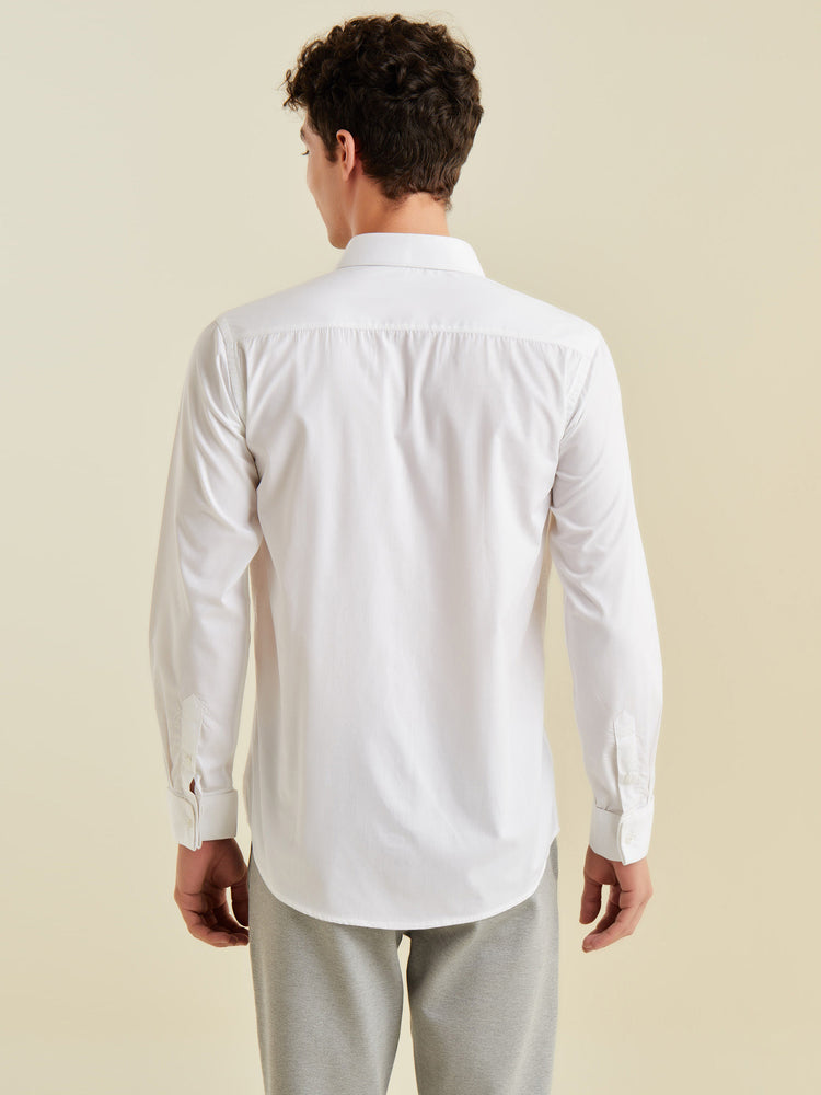 White Poly Cotton Spread Collar Shirt