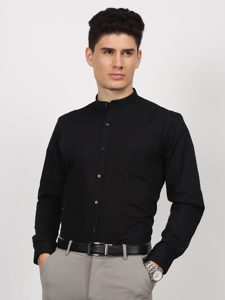 Black Cotton Blend Mandarin Collar Shirt